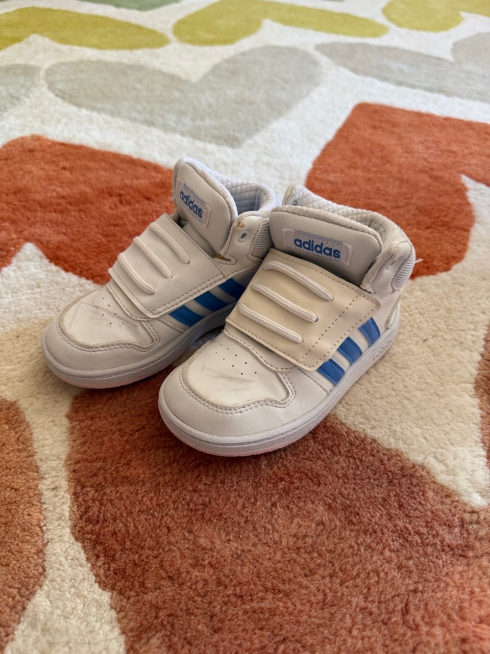 adidas Kids White Sneakers with Blue Three-Stripes